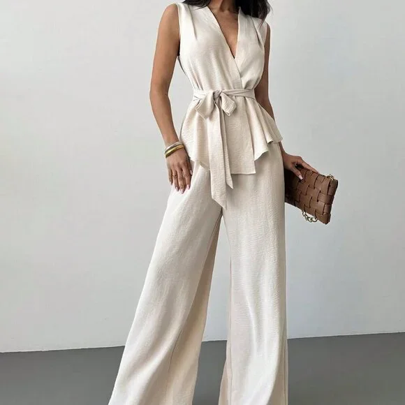 Apricot Elegant Women's Surplice Sleeveless Belted Blouse & Wide leg Pant Set - Picture 1 of 7